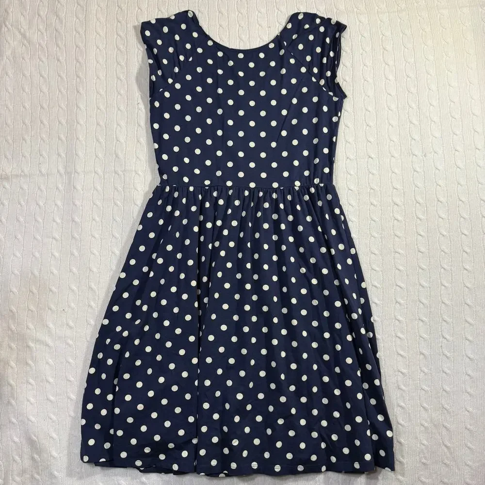 Garnet Hill Navy Polka Dot Jersey Knit Summer Fit and Flare Sundress 10/M - Picture 6 of 8